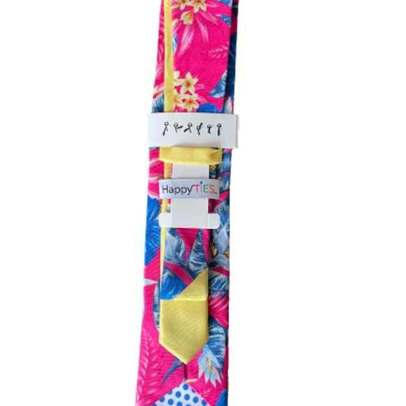 Happy Ties - Colorful Floral/Hawaiian Pink/Blue/Yellow Silk Tie - Picture 2 of 4